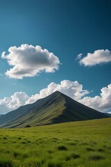 Fototapeta premium there is a large grassy field with a mountain in the background