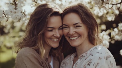 Fototapeta premium Mother and adult daughter embracing in blooming garden, celebrating togetherness, spring connection. International Women's Day