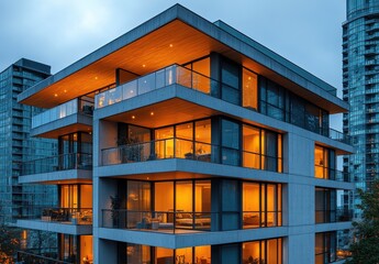 Obraz premium Modern urban architecture featuring a stunning multi-story building with glowing warm lights in a vibrant cityscape, showcasing contemporary design and luxury living options.