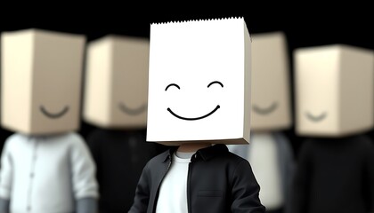 Smiling Paper Bag Figure Amidst Anonymous Cardboard Heads: A Minimalist Digital Art Piece