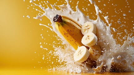 A dynamic and vibrant image of a banana and its slices splashing into milk, creating a visually striking and playful scene represented against a bright yellow backdrop.