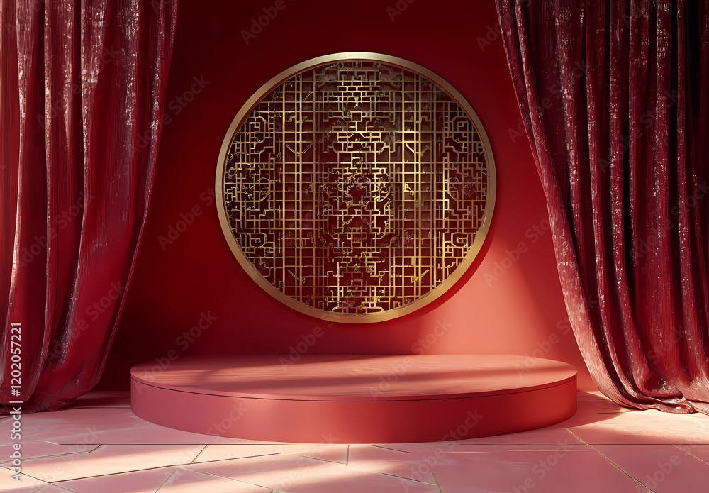 Aufkleber 3d rendering of a red background with a golden pattern resembling a chinese window, an empty circula