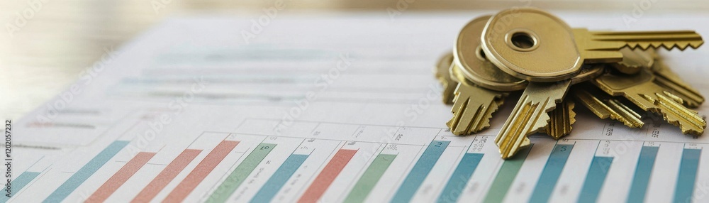 Aufkleber a close-up of golden keys resting on a colorful, striped financial report, symbolizing security and 