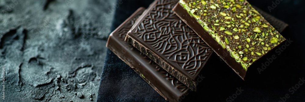 Poster delicious chocolate with pistachio filling served on an ornate golden plate with intricate arabic pa