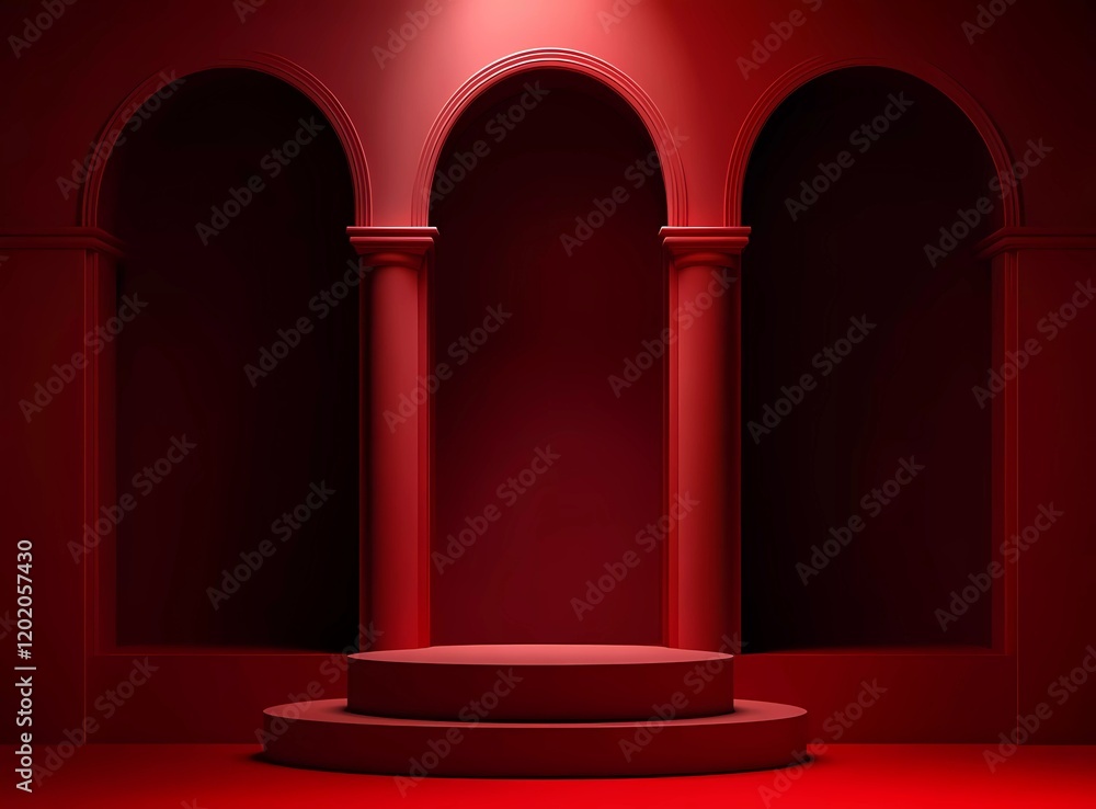 Poster 3d vector red background with a podium and arches for product presentation, a mockup design template