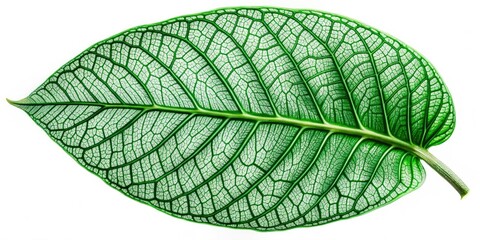 Obraz premium An image of a large emerald green leaf with intricate veins and details, isolated against a white background, plant detail, foliage, botanical illustration, greenery