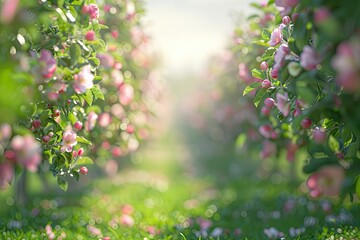 High Quality Visual of Blossoming Apple Orchard, Blurred Background,