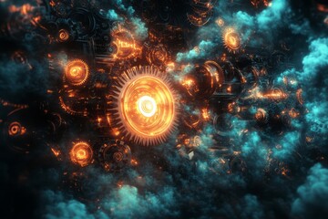 Fototapeta premium Glowing Mechanical Gears and Smoke Art