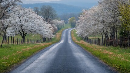 Obraz premium Scenic road with cherry blossom trees and rolling hills in the background, a peaceful country view, on a cloudy day