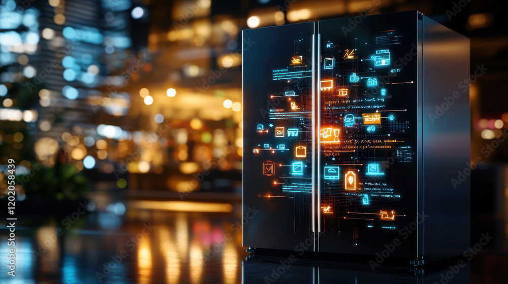 Poster smart refrigerator with illuminated digital interface showcasing various features in modern setting. sleek design and vibrant lights create futuristic atmosphere