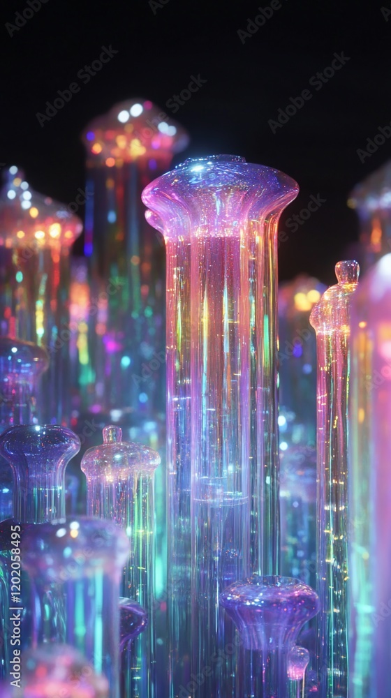 Poster illuminated iridescent glass columns create a mesmerizing visual spectacle against a dark backdrop