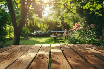 High Quality Picture of Wooden Table in a Garden with Radiant Light and Greenery