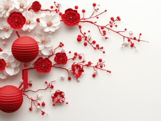 A red and white flower arrangement with red lanterns hanging from it