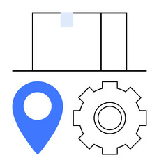 Box with tape, blue location pin, and gear. Ideal for shipping, logistics, supply chain, workflow, process automation location services warehouse management. Abstract line flat metaphor