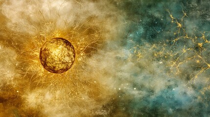 Golden Celestial Sphere in Cosmic Nebula Abstract Space Art Background