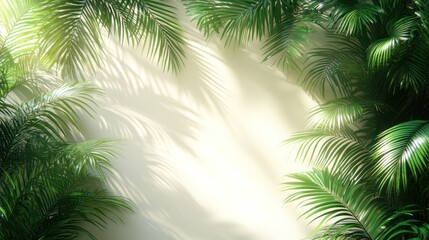 Tropical palm leaves frame, sunlight, beige wall, summer mockup
