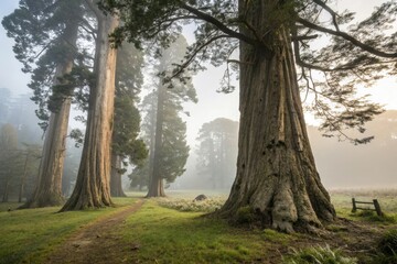 Fototapeta premium Ancient trees standing tall in a shimmering mist, foliage, woodsy, natural, moss