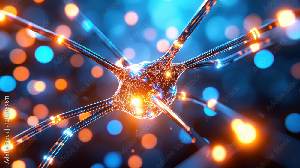 Poster vibrant depiction of neural network with glowing connections, showcasing intricate design of machine learning model. image evokes sense of innovation and technology