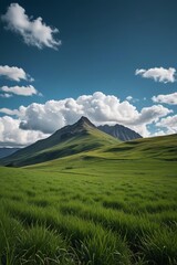Fototapeta premium grassy field with mountains in the background and a blue sky