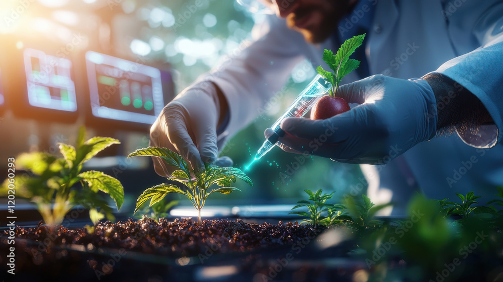Poster scientist analyzing plants with syringe, focusing on growth and research. scene captures vibrant lab