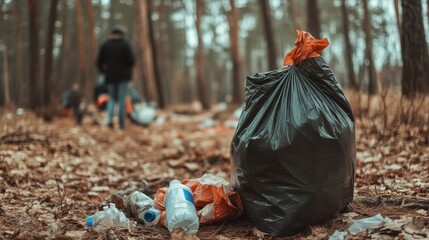 Person walking through a forest carrying a garbage bag for litter collection and environmental cleanup