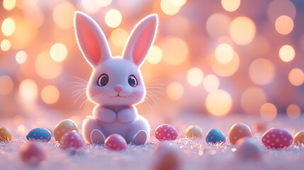 Fototapeta premium Cute bunny surrounded by colorful eggs spring celebration cozy setting