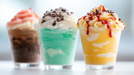 An appetizing trio of ice cream sundaes featuring smooth and colorful flavors, topped with delectable sauces and sprinkles, inviting indulgence and joy in every bite.