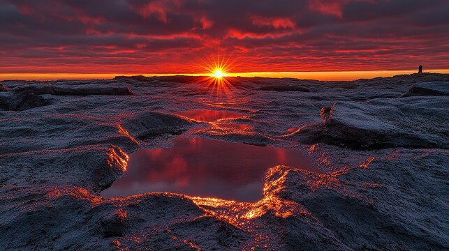 Sunrise over frozen rocky coast, reflecting in tide pool, distant lighthouse