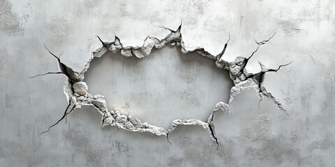 Obraz premium A broken hole in a white wall, with cracks around the frame