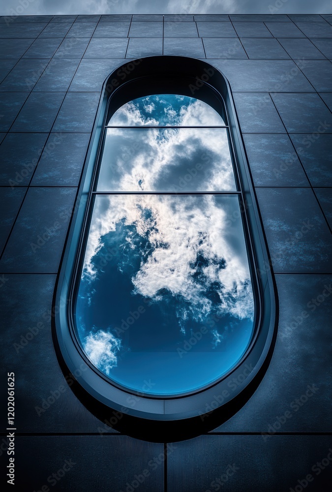 Poster reflection of beautiful clouds in a modern oval window on a dark building facade under a dramatic sk