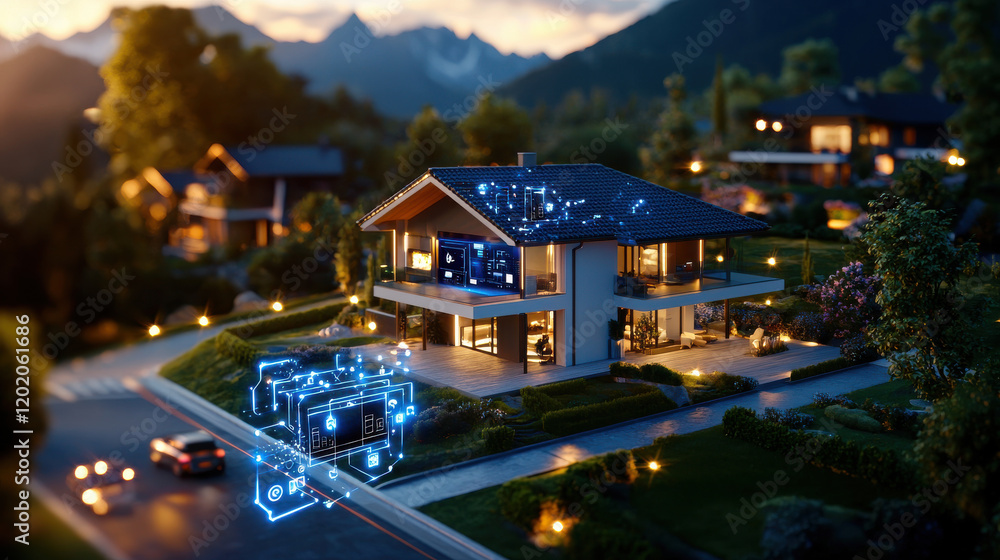 Fototapete beautifully styled render of 3D smart home concept showcasing modern architecture and technology integration in serene landscape. image captures essence of innovation and comfort