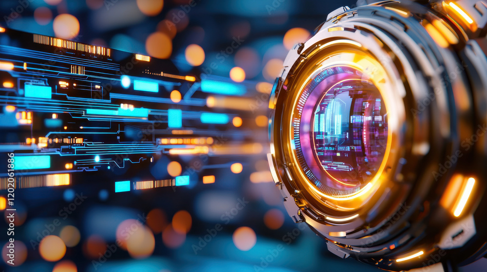 Poster futuristic lens with advanced robotics technology, glowing circuits, and vibrant colors creates capt