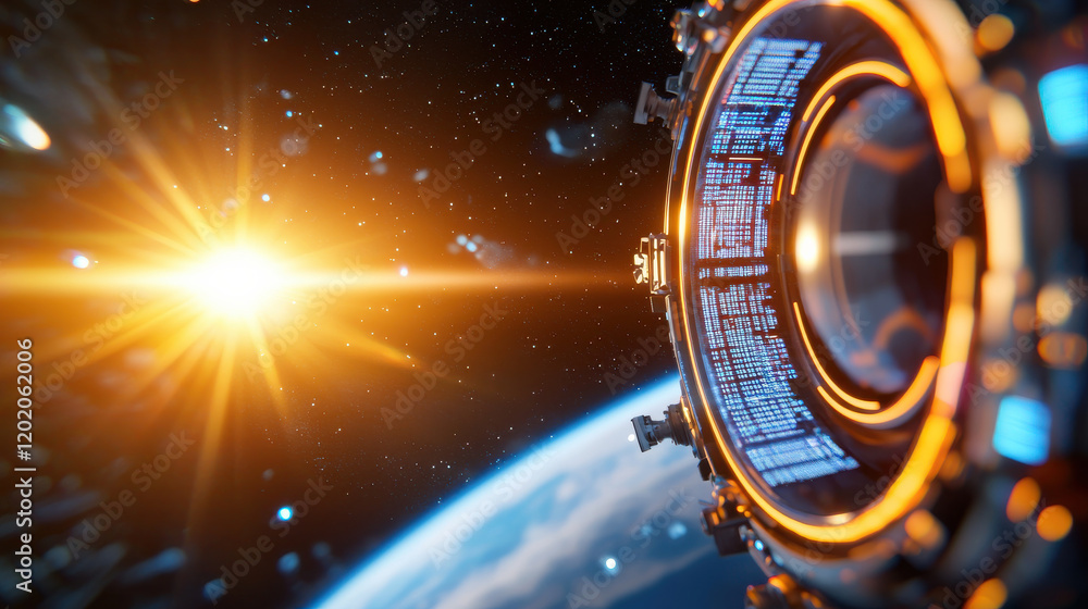 Poster cinematic 3d render of futuristic space station orbiting earth, illuminated by bright sun. scene cap