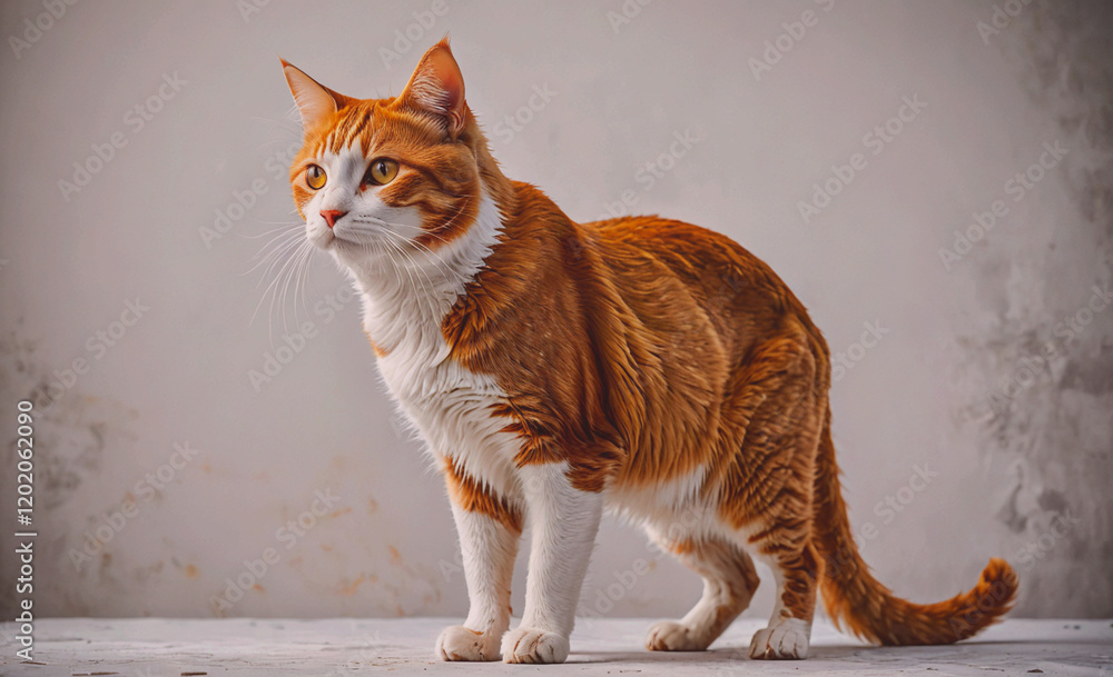 Poster a cat with orange and white fur stands on a white surface. the cat has a curious expression on its f