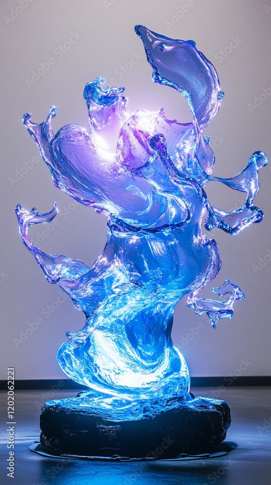 Poster abstract blue water sculpture with light shining through creating a fluid dynamic visual