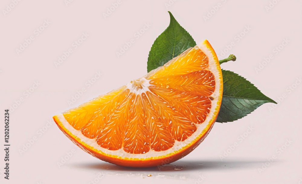 Poster a slice of orange with a leaf on top. the orange is cut in half and the leaf is on the right side