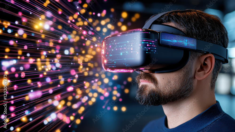 Poster immersive virtual reality experience with man wearing vr headset, surrounded by colorful digital eff