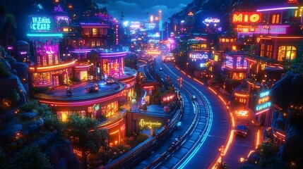 Obraz premium Neon Nightscape: A vibrant, futuristic cityscape nestled in a mountainside, illuminated by dazzling neon lights, showcasing a dynamic and futuristic aesthetic.