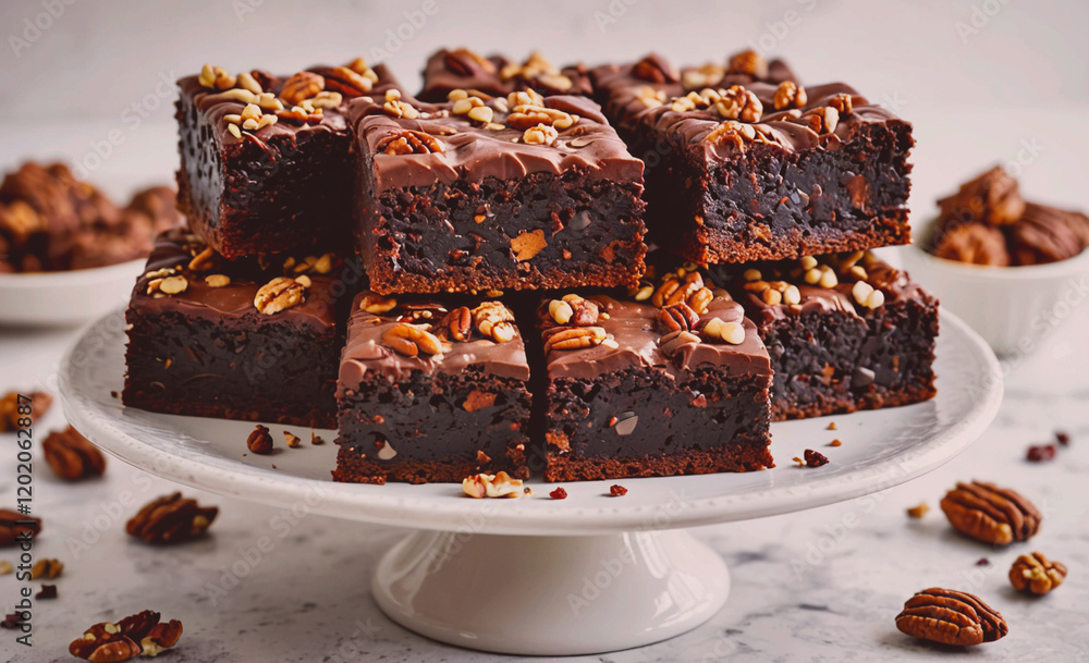 Poster a white cake stand with a stack of brownies on top. the brownies are covered in nuts and chocolate