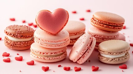 Fototapeta premium 1. Valentine's Day Love Banner: Heart-Shaped Macaron Cookies on a Pink Panoramic Background