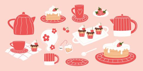 Modern set of tableware and sweets in flat style