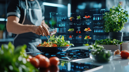 modern kitchen scene featuring person preparing fresh salad with digital interfaces displaying ingredients and nutritional information. atmosphere is high tech and vibrant