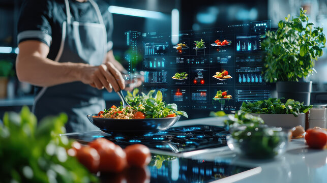 modern kitchen scene featuring person preparing fresh salad with digital interfaces displaying ingredients and nutritional information. atmosphere is high tech and vibrant