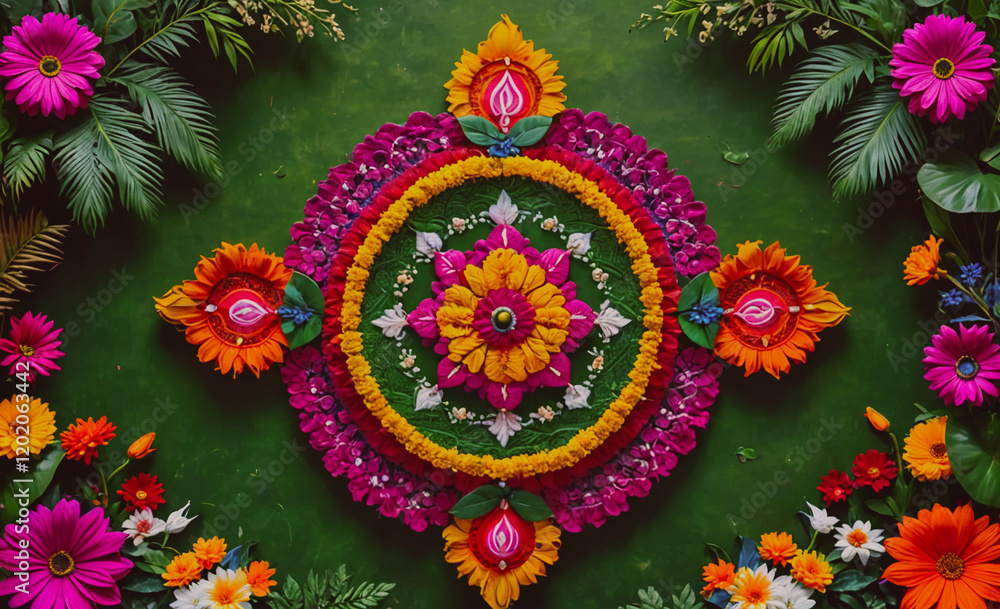 Poster a colorful flower arrangement with a green background. the flowers are arranged in a circle and are 