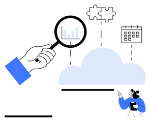 Hand holds magnifying glass over chart in cloud linked to puzzle and calendar. Woman gestures below. Ideal for teamwork, analytics, cloud data, insights, planning, problem-solving, abstract line flat