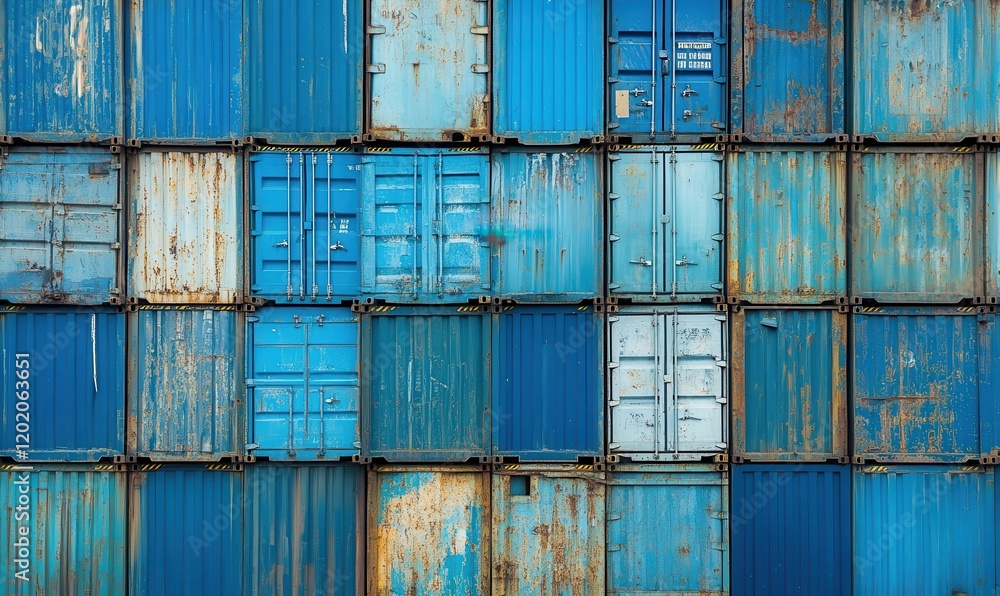 Poster rustic and colorful shipping containers stacked in an urban setting with textures and patterns showc