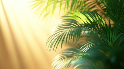 Sunlight illuminates indoor palm leaves, orange backdrop, product display