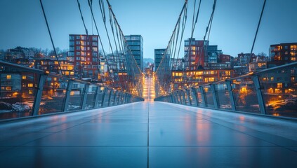 Obraz premium Scenic Urban Sunset View of a Modern Bridge with Warm Illuminated Buildings in the Background Against a Calm Blue Evening Sky