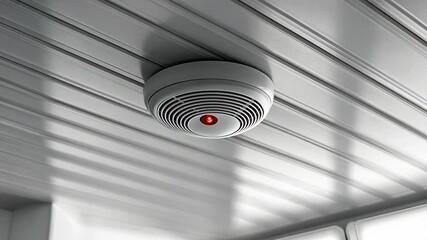 Smoke detector mounted on ceiling with red light signaling activation in a modern interior setting