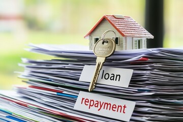 A key and a miniature house sit atop a stack of paperwork labeled "loan" and "repayment," symbolizing mortgage processing and financial obligations.